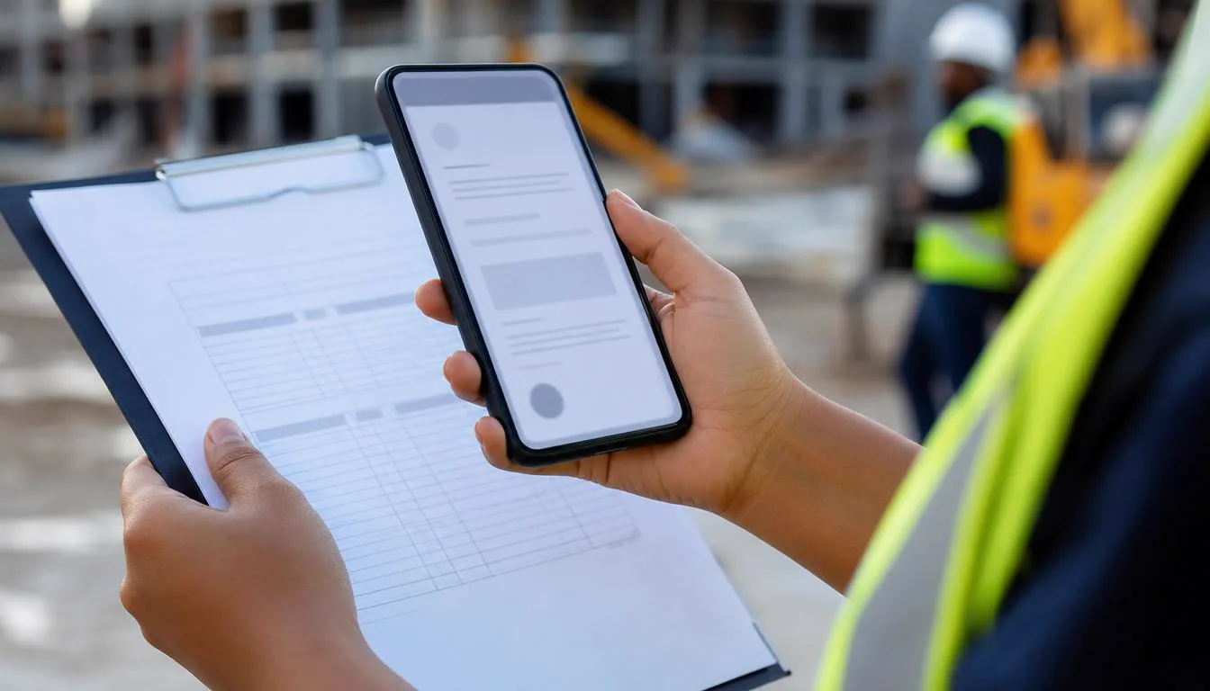 Safety coordinator verifying a training certificate on a smartphone at a construction jobsite